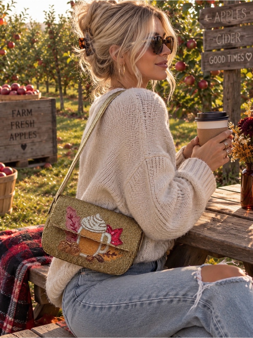 ❇️NWT❇️ SOL and MER Fall Gold Beaded Mini Bag with Autumn Mug Embroidery